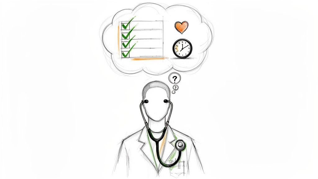 A sketch of a doctor with a stethoscope thinking about a health checklist, time, and heart.