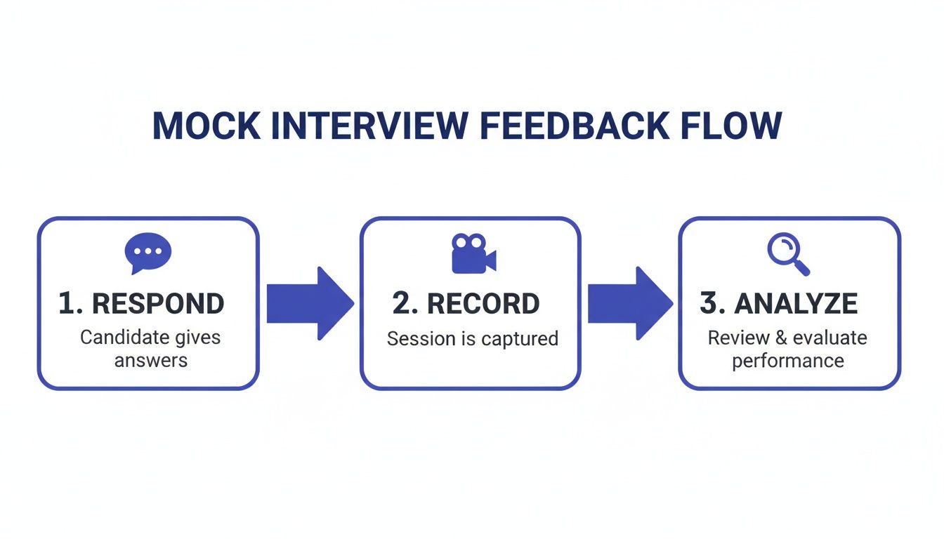 Diagram illustrating the three-step mock interview feedback flow: respond, record, and analyze.