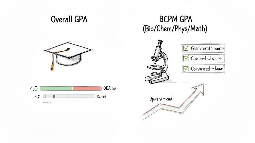 Infographic comparing overall GPA with BCPM GPA, featuring academic symbols and an upward trend graph.