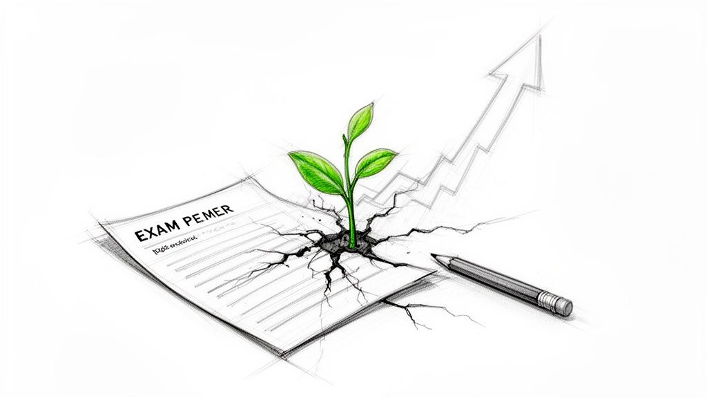 Sketch of a green plant breaking through exam paper, symbolizing academic growth and success.