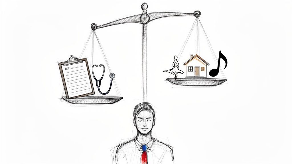 Sketch of a person weighing medical career choices against home, hobbies, and personal well-being.