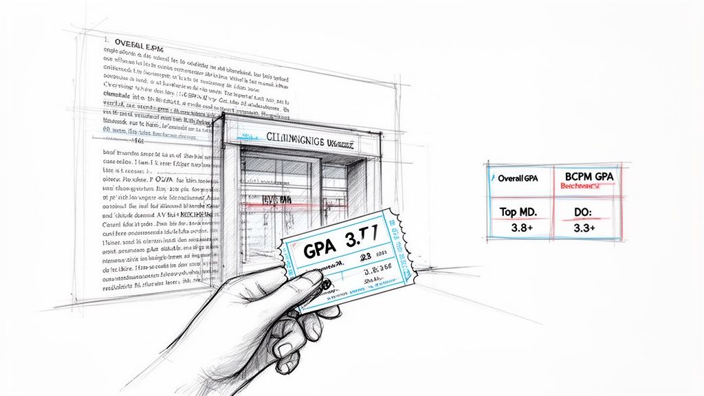 A hand holds a ticket displaying GPA 3.77, with medical school benchmarks and application requirements in the background.