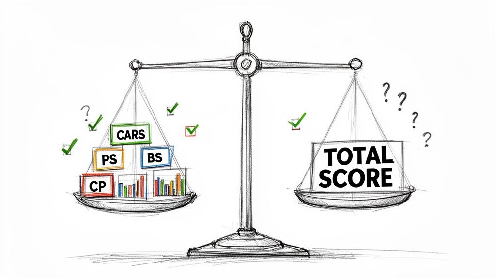 A hand-drawn balance scale weighs individual scores (CARS, PS, BS, CP) against a total score.