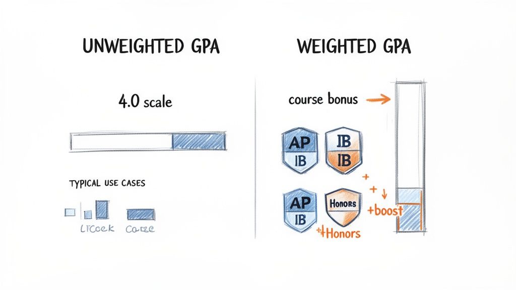 Comparison of unweighted GPA (4.0 scale) versus weighted GPA, showing course bonuses for AP, IB, and Honors.
