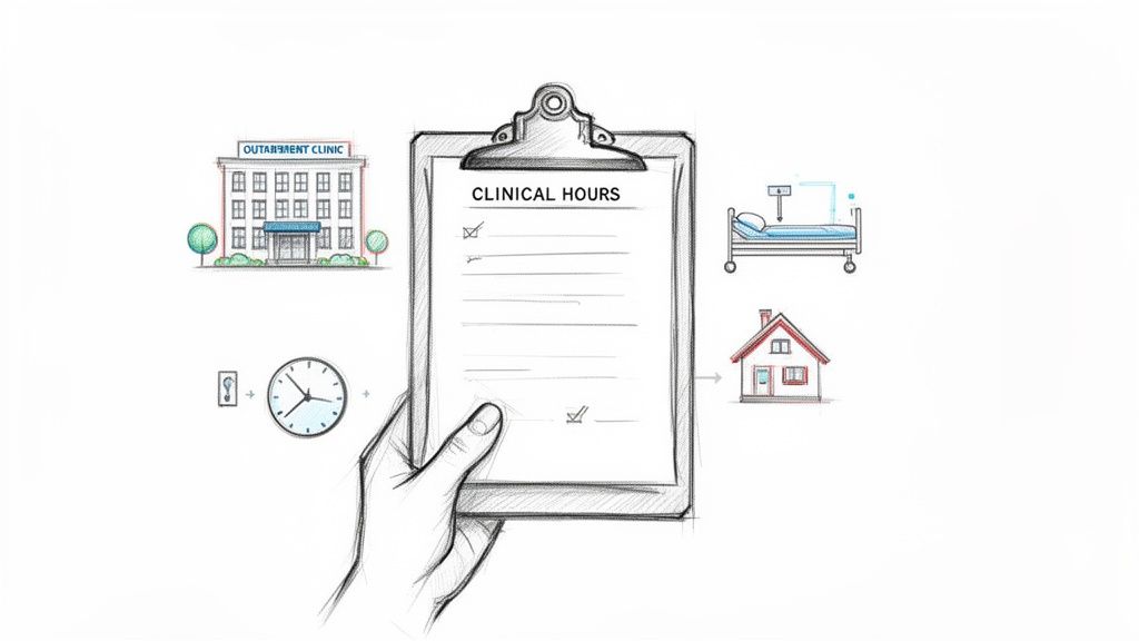 Hand holding clipboard with 'Clinical Hours' checklist, surrounded by clinic, hospital bed, house, and clock icons.