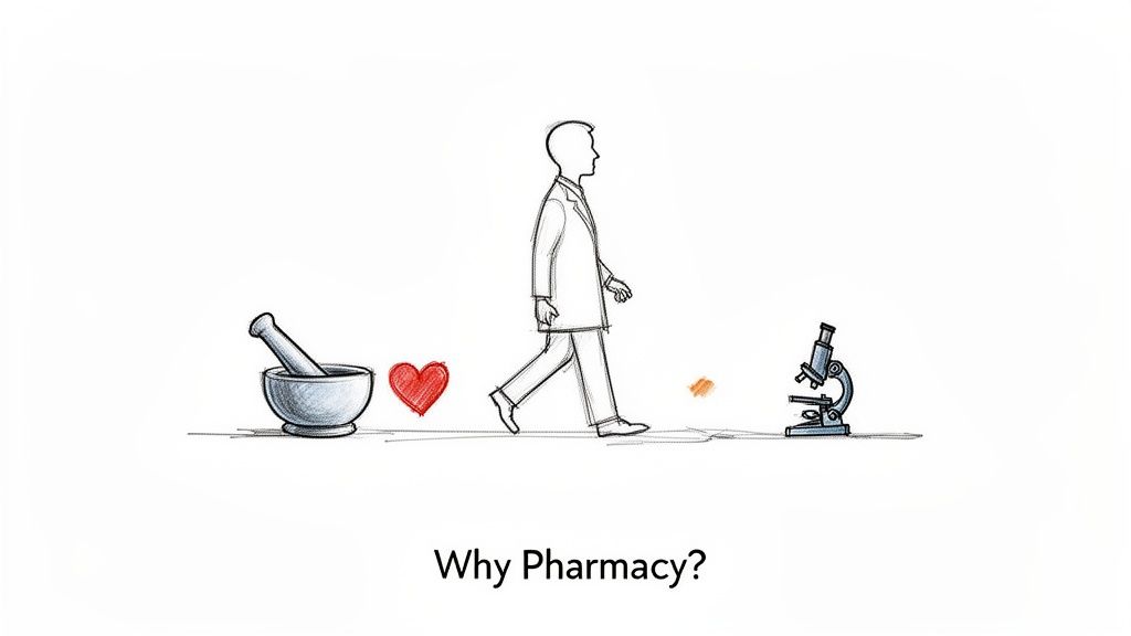 A sketch illustrating the pharmacy journey with a mortar and pestle, heart, walking person, and microscope.