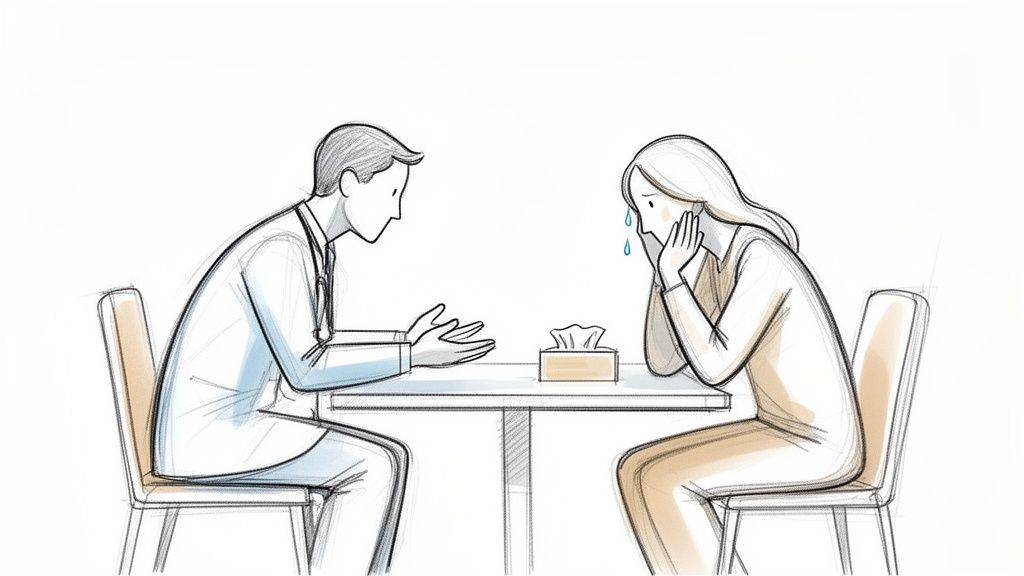 A man, possibly a doctor or therapist, speaks to a crying woman with a tissue box.