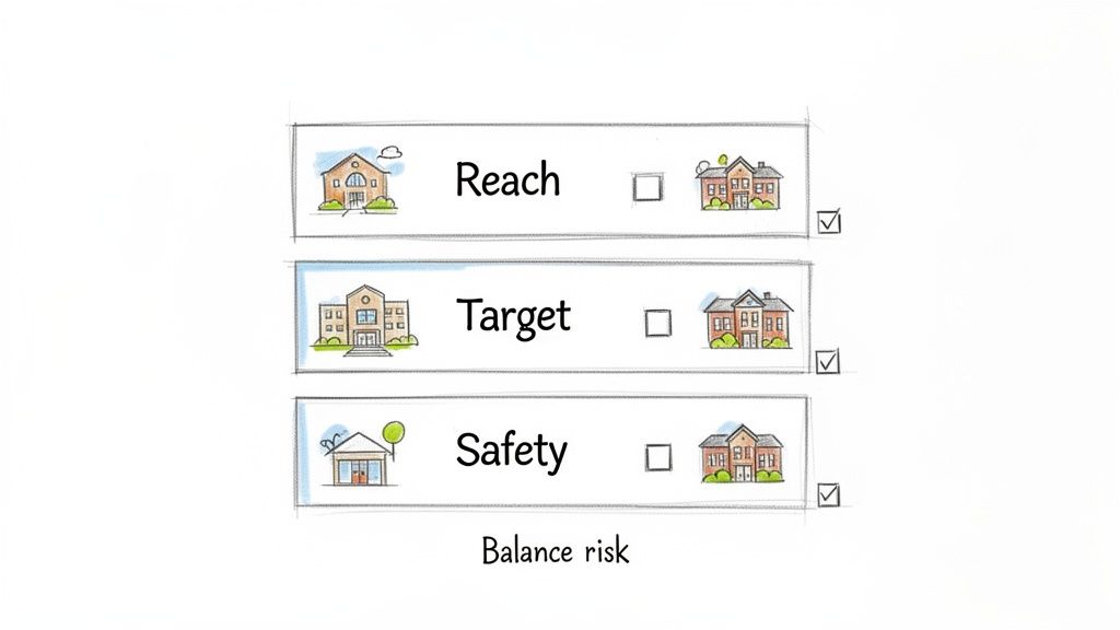 Illustration showing three categories: Reach, Target, Safety, each with house icons and an empty checkbox, and a checked box to the far right. Text below reads 'Balance risk'.