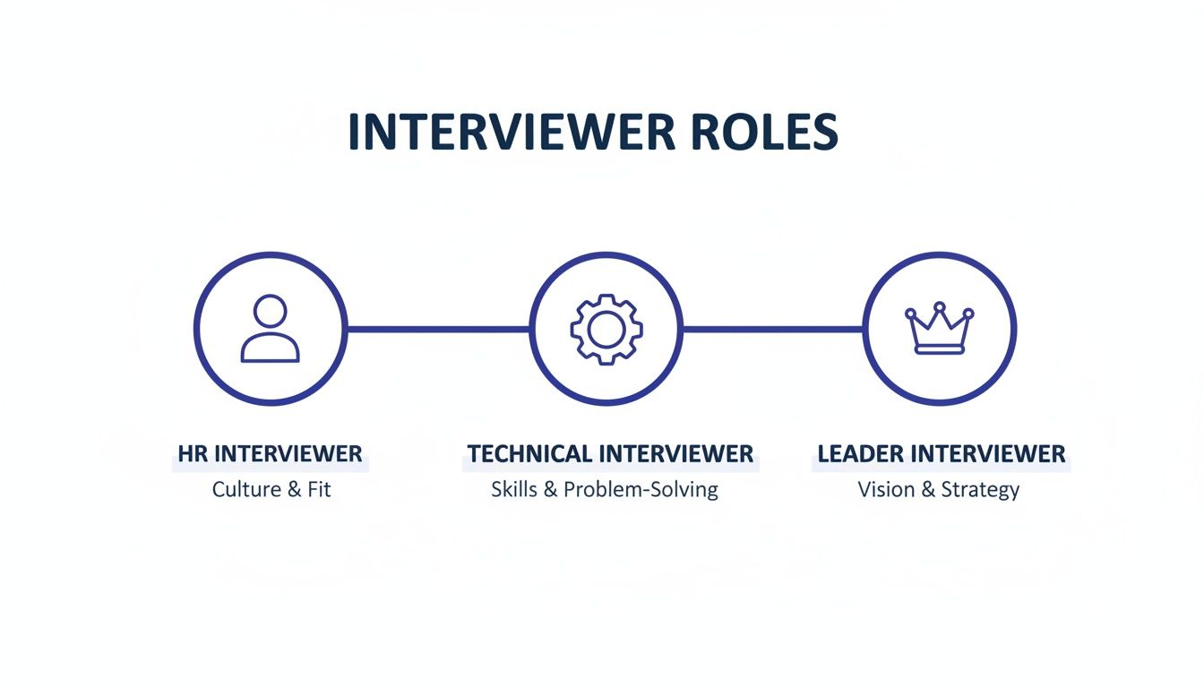 Diagram illustrating three interviewer roles: HR, Technical, and Leader, detailing their focus on culture, skills, and strategy.