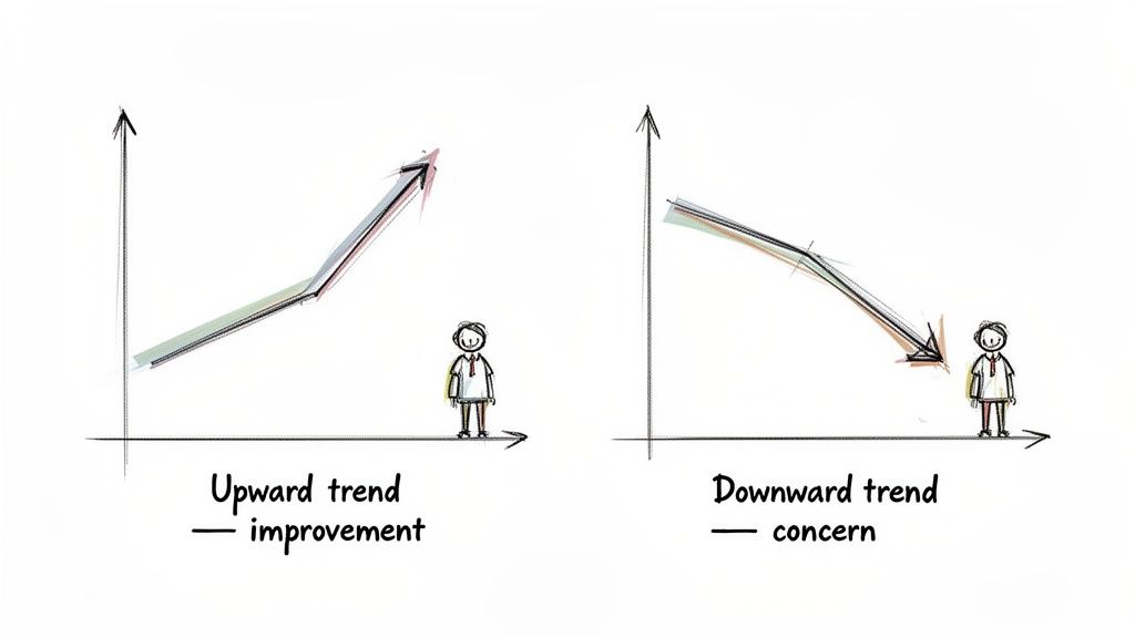 Two hand-drawn charts show an upward trend for improvement and a downward trend for concern.