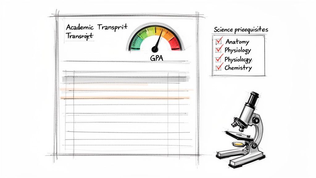 Sketch of a PA school application showing low GPA, checked science prerequisites, and a microscope.