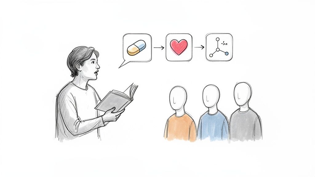 An illustration of a speaker explaining the connection between medication, heart health, and molecular science to a group.