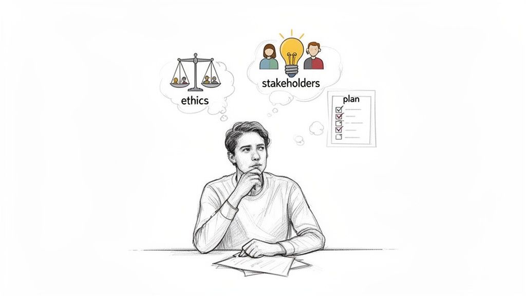A thoughtful man considers ethics, stakeholders, and a strategic plan in thought bubbles.