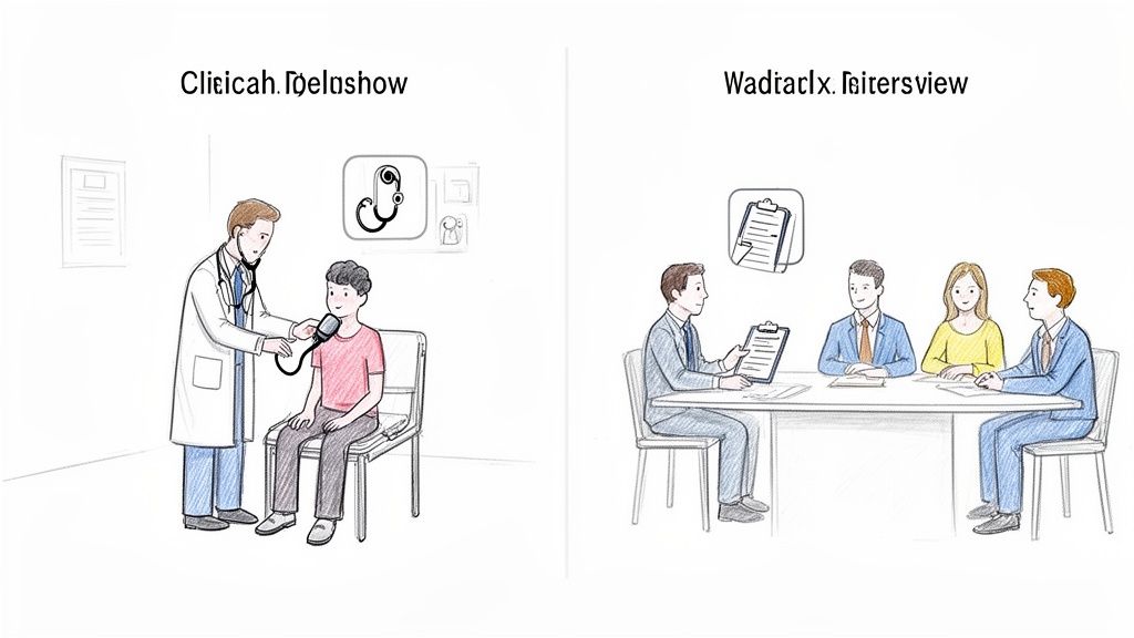 A doctor examines a patient in a clinic, while a group of people conducts an interview.