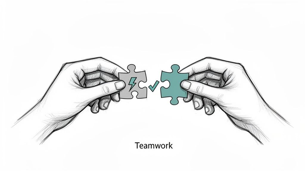 Two hands hold puzzle pieces, one with a lightning bolt, the other with a checkmark, symbolizing teamwork.