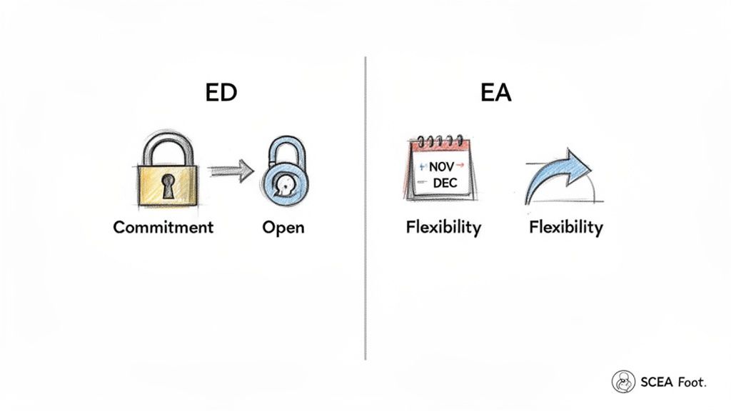 A diagram comparing Early Decision (ED) requiring commitment, and Early Action (EA) offering flexibility.