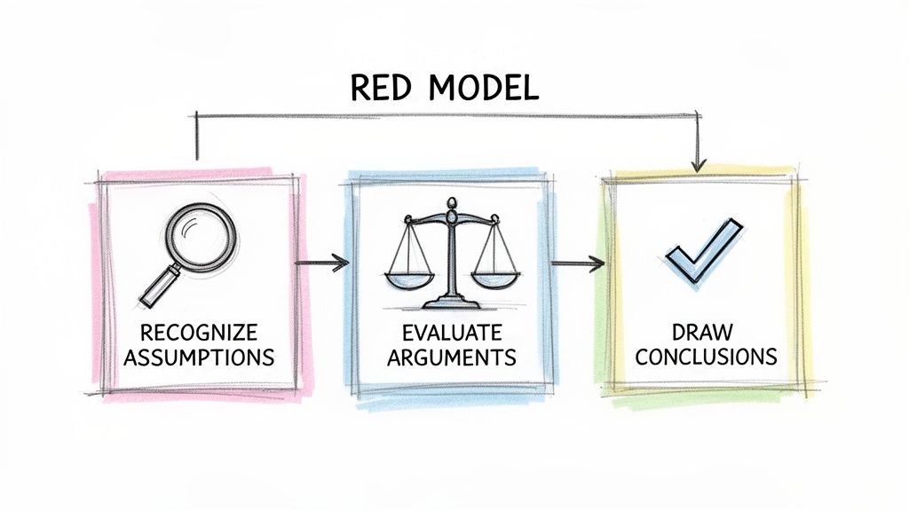 A critical thinking RED Model diagram showing steps: Recognize Assumptions, Evaluate Arguments, Draw Conclusions.