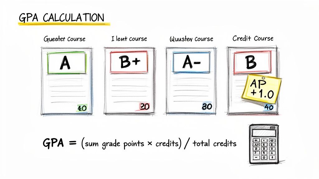 Diagram illustrating weighted GPA calculation with multiple courses, grades, credits, and an AP bonus.