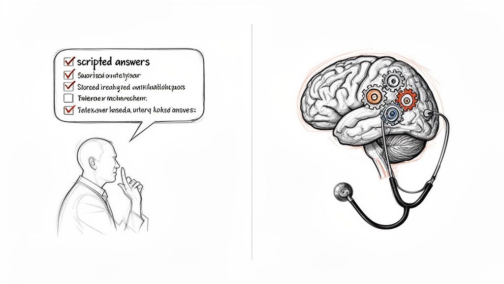 Illustration comparing rote answers from a person to an active thinking brain with gears and a stethoscope.
