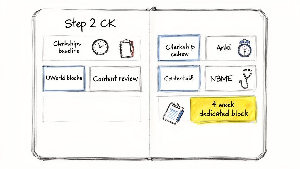 Study plan for Step 2 CK displayed in a notebook with various prep items like UWorld, Anki, and dedicated block.