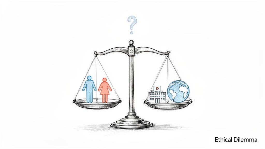 A balanced scale showing people on one side and a hospital and globe on the other, representing an ethical dilemma.