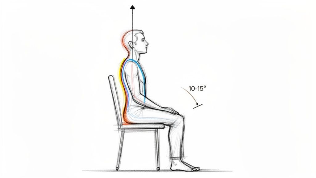 A diagram illustrating proper sitting posture with a straight back, head up, and a slight forward lean.