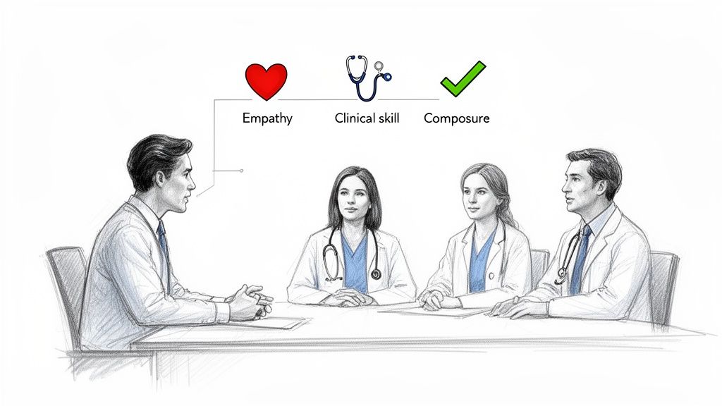 A man speaking to three doctors at a table, highlighting empathy, clinical skill, and composure.