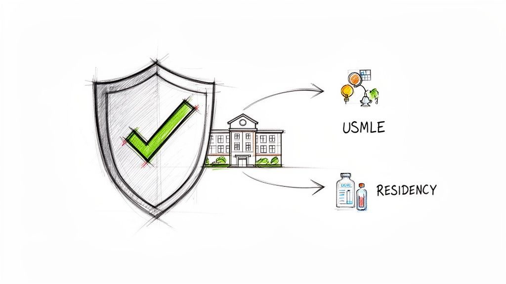 A sketched diagram illustrating the secure pathway from a medical university to USMLE exams and residency.