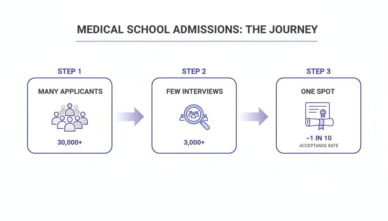 Infographic showing the three-step medical school admissions journey: many applicants, few interviews, and one spot.