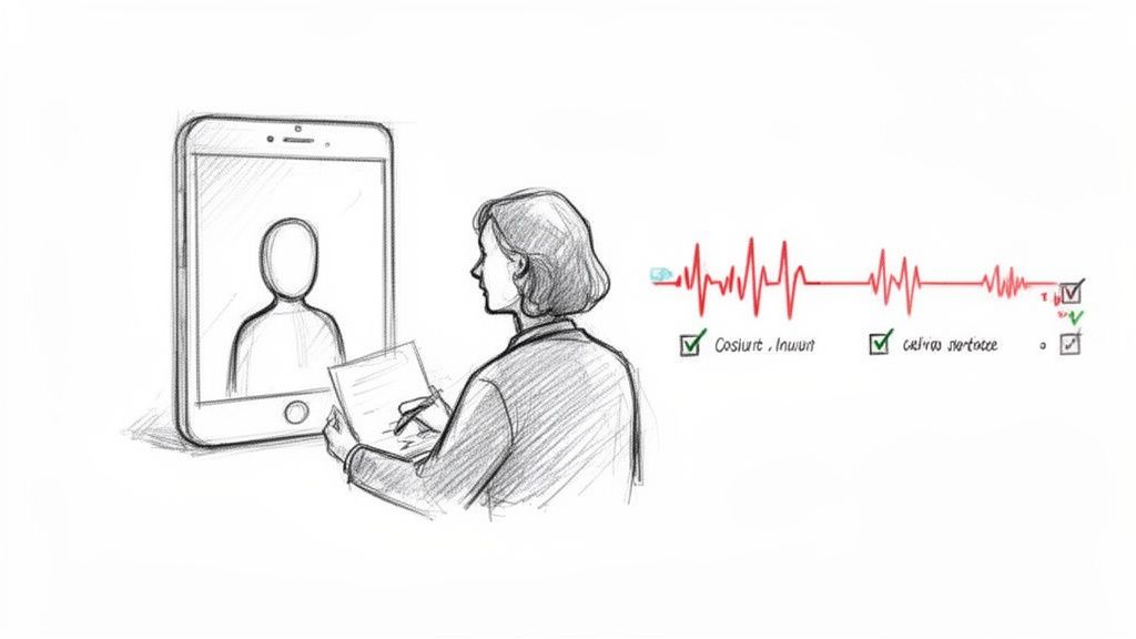Illustration of a professional on a video call, taking notes with medical data displayed.