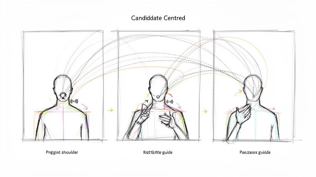 Sketch showing three figures demonstrating a candidate-centered communication and guidance system.