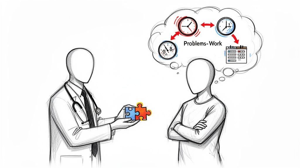 A doctor offers puzzle pieces to a patient thinking about problems, work, and time management.