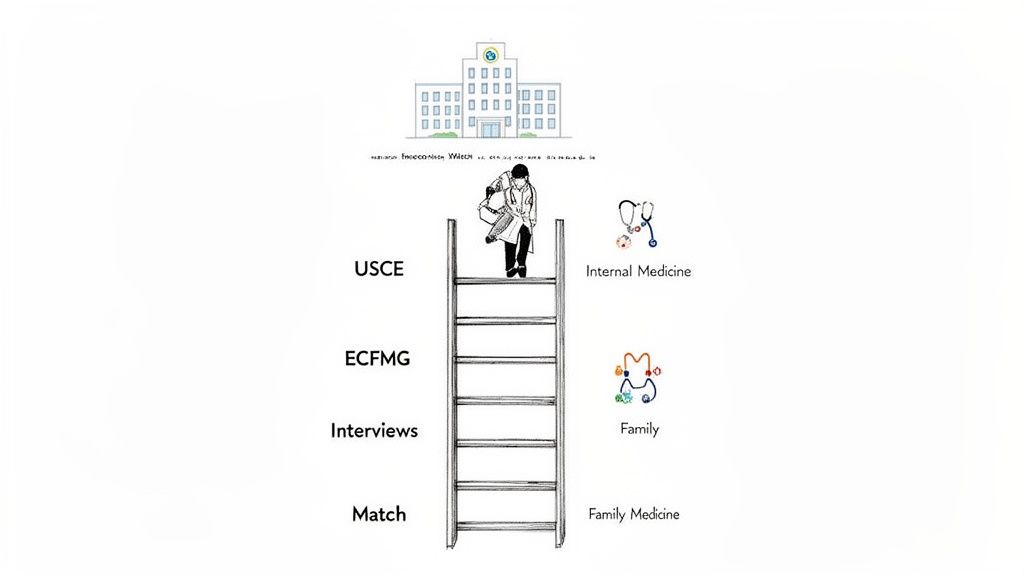A doctor climbs a ladder with medical residency steps (USCE, ECFMG, Interviews, Match) towards a hospital and specialties.