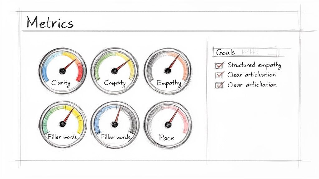 A hand-drawn diagram displaying communication metrics gauges for clarity, empathy, and filler words, with goals for structured empathy.