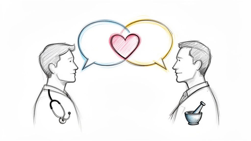 Sketch of a doctor and pharmacist facing each other, communicating with speech bubbles and a heart.