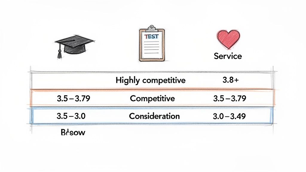 Infographic detailing academic requirements and competitiveness levels based on GPA, tests, and service categories.