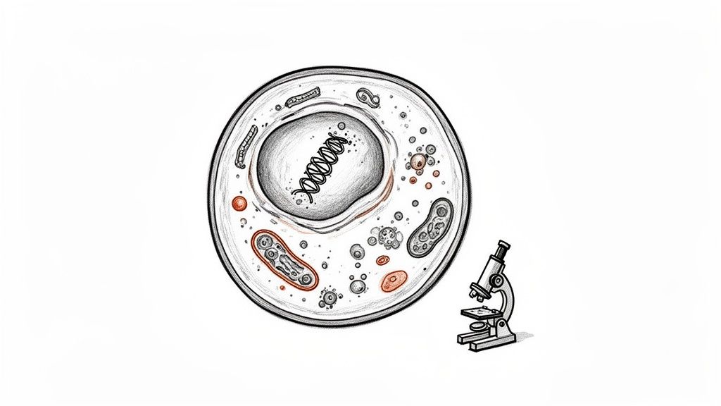 A detailed sketch of a cell with internal organelles and DNA, next to a microscope.