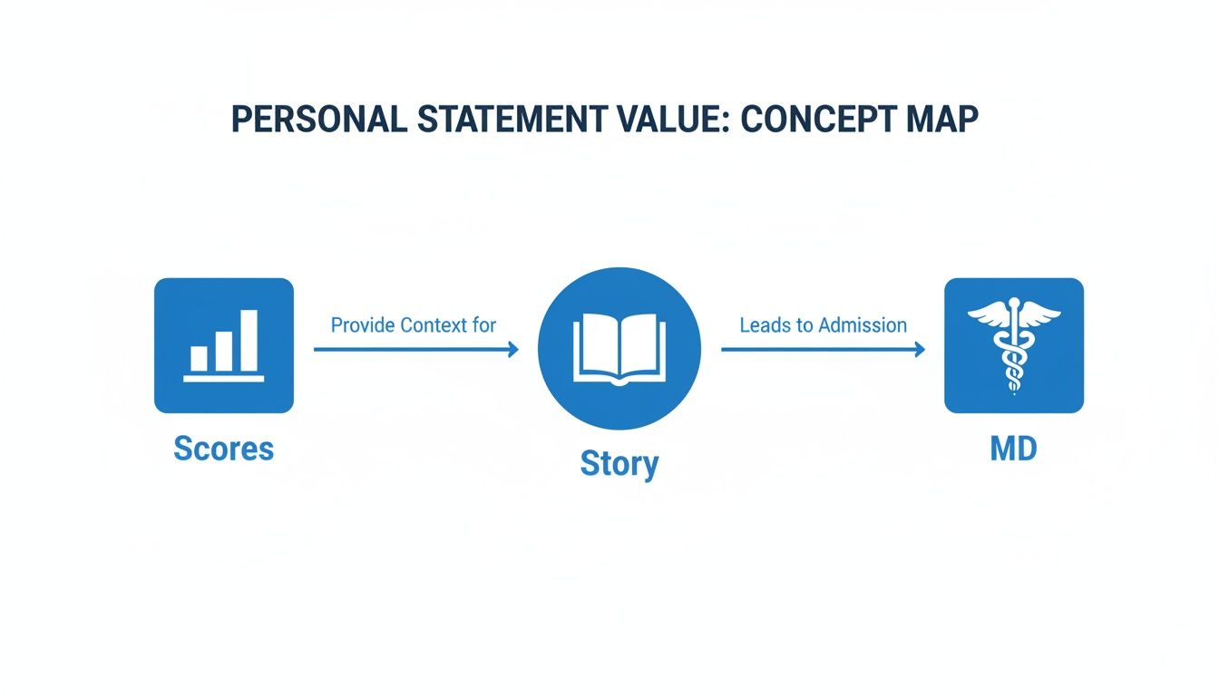 A concept map illustrating how a personal statement's story connects academic scores to medical school admission.