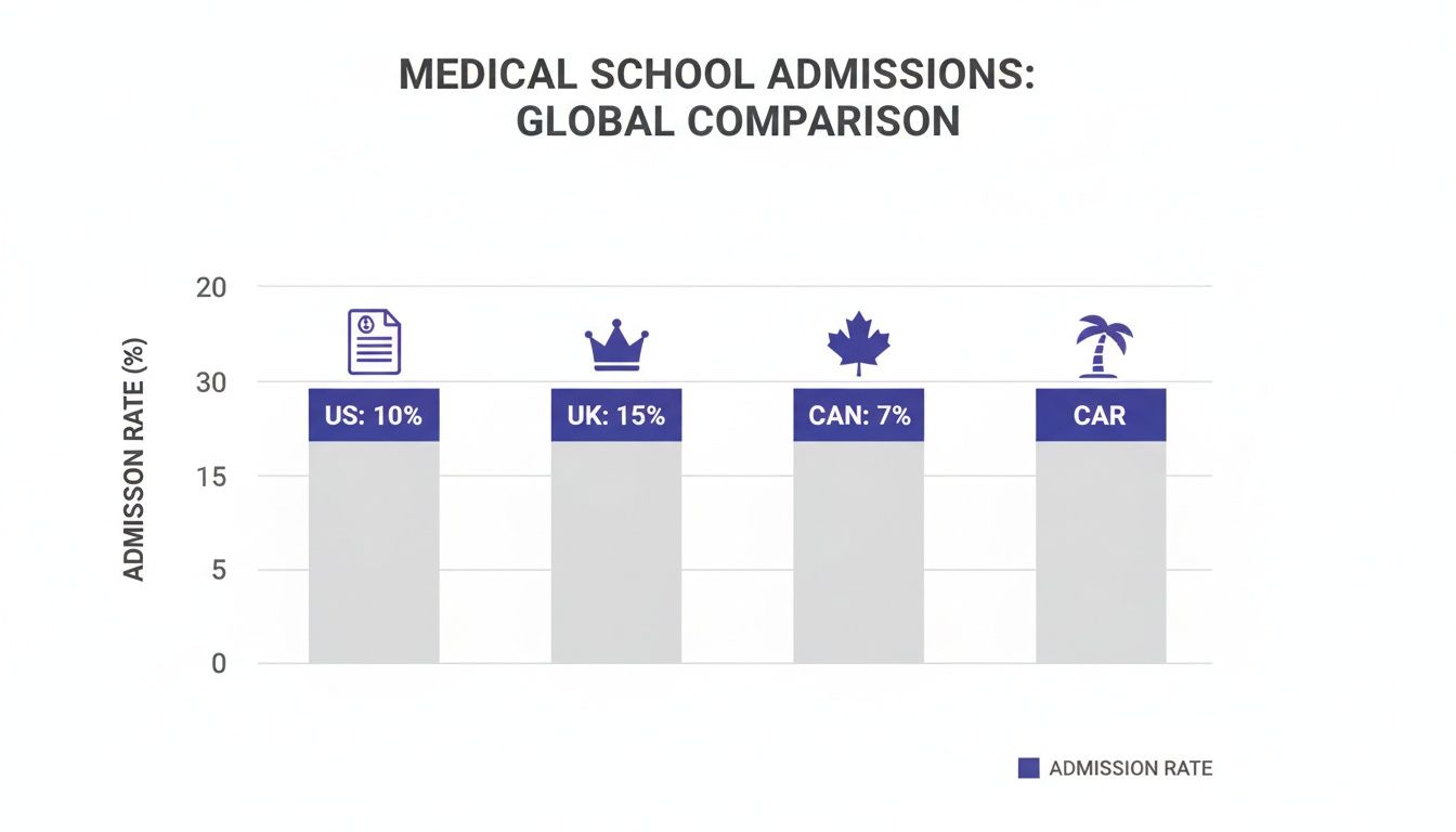 Bar chart comparing global medical school admission rates: US 10%, UK 15%, Canada 7%, and Caribbean.