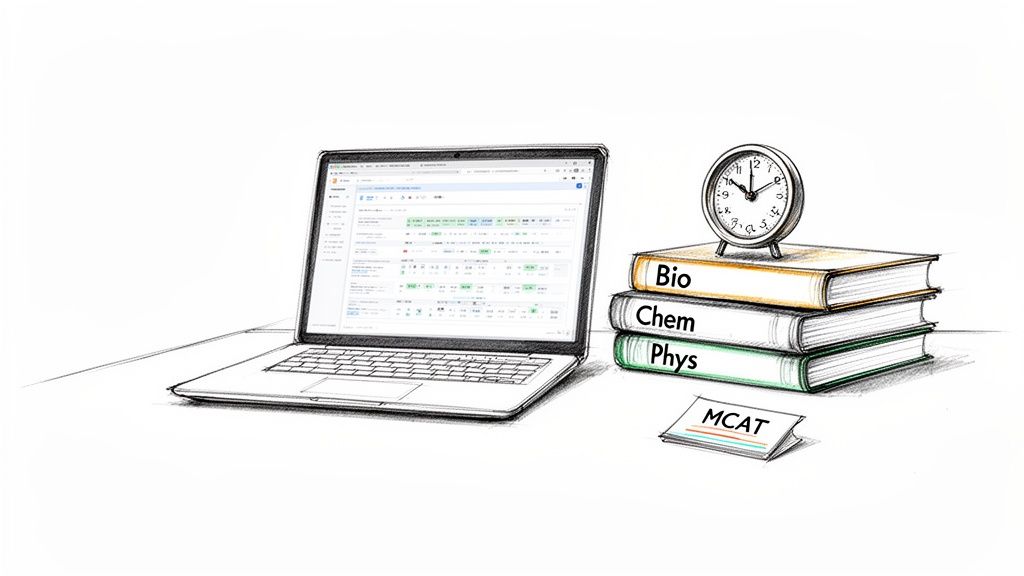 A sketch of a laptop, stacked pre-med textbooks (Bio, Chem, Phys), an alarm clock, and an MCAT study card.
