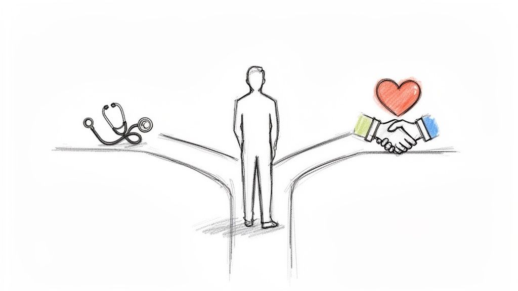 A person at a crossroads, contemplating a path of medicine (stethoscope) or human connection (handshake, heart).
