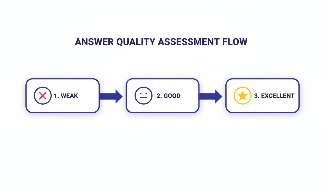 A diagram illustrating the answer quality assessment flow from weak to good to excellent.