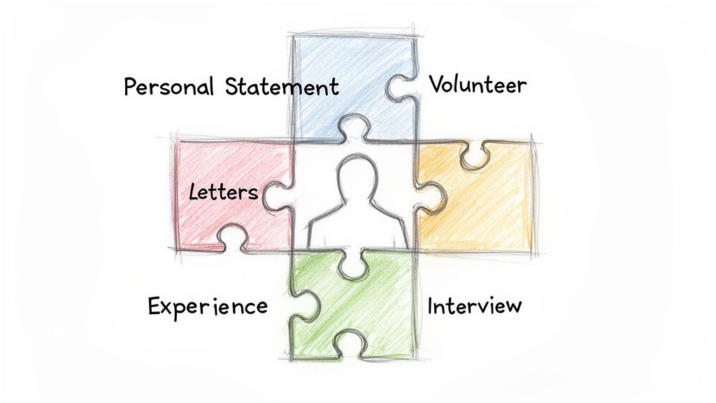 A puzzle diagram with a person in the center, surrounded by career application components like Personal Statement, Volunteer, Interview, Letters, and Experience.