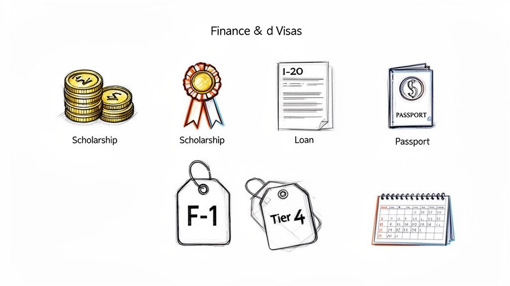 Illustrations of financial aid and visa documents: scholarships, I-20, loan, passport, F-1, and Tier 4 visas.