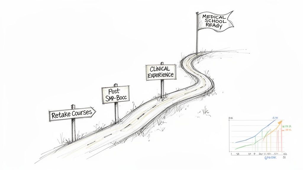 A winding road illustration showing the journey to medical school readiness with key milestones like retake courses and clinical experience.
