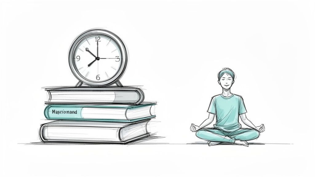 A drawing of a clock on a stack of books next to a person meditating, symbolizing balance.