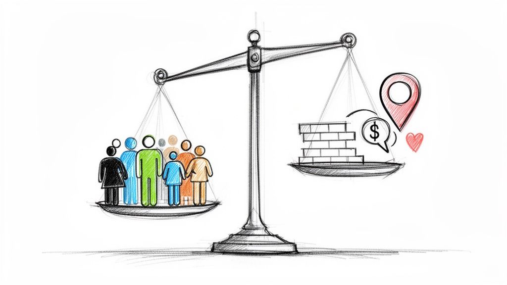 A balanced scale compares the value of diverse people with property, money, location, and love.