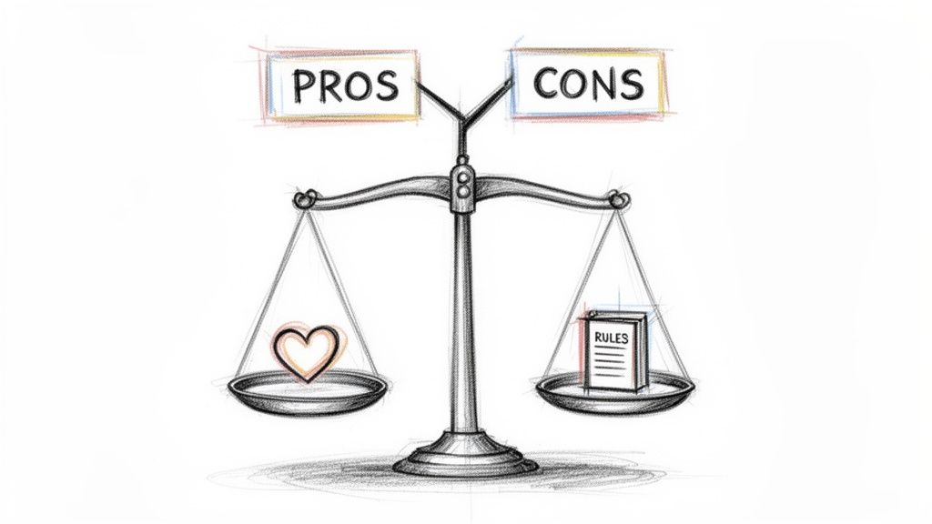 A sketch of a weighing scale balancing a heart (pros) against a book of rules (cons).