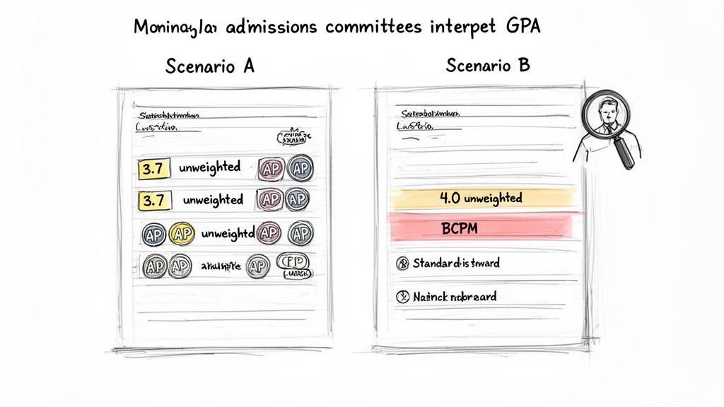 Illustration showing two scenarios of how admissions committees interpret unweighted GPAs and AP scores.