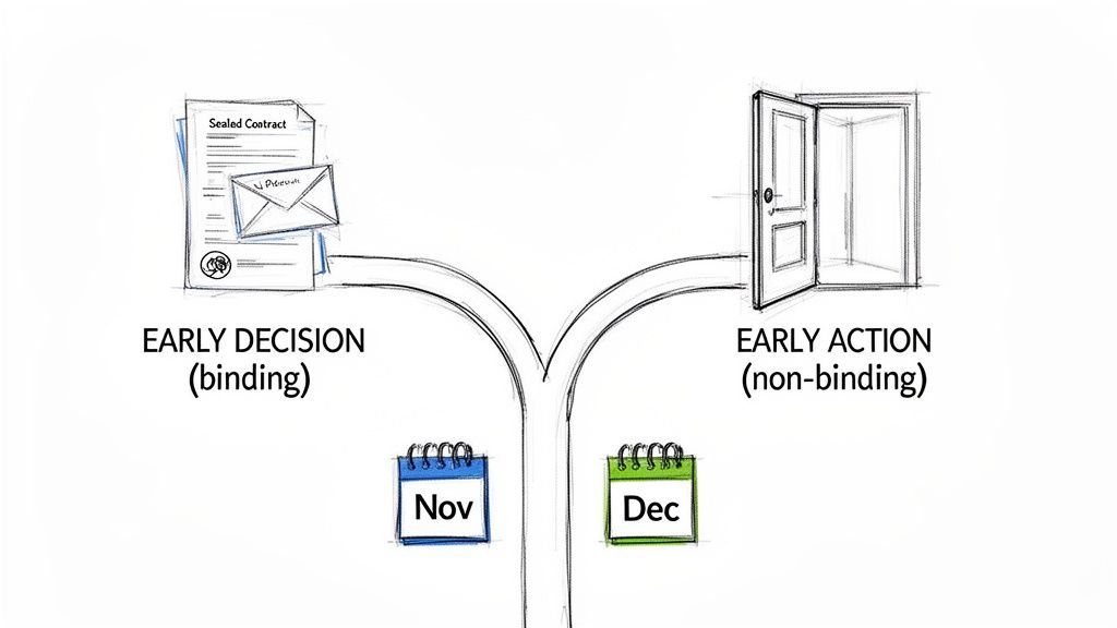 A diagram comparing Early Decision (binding with contract, November) and Early Action (non-binding with open door, December).